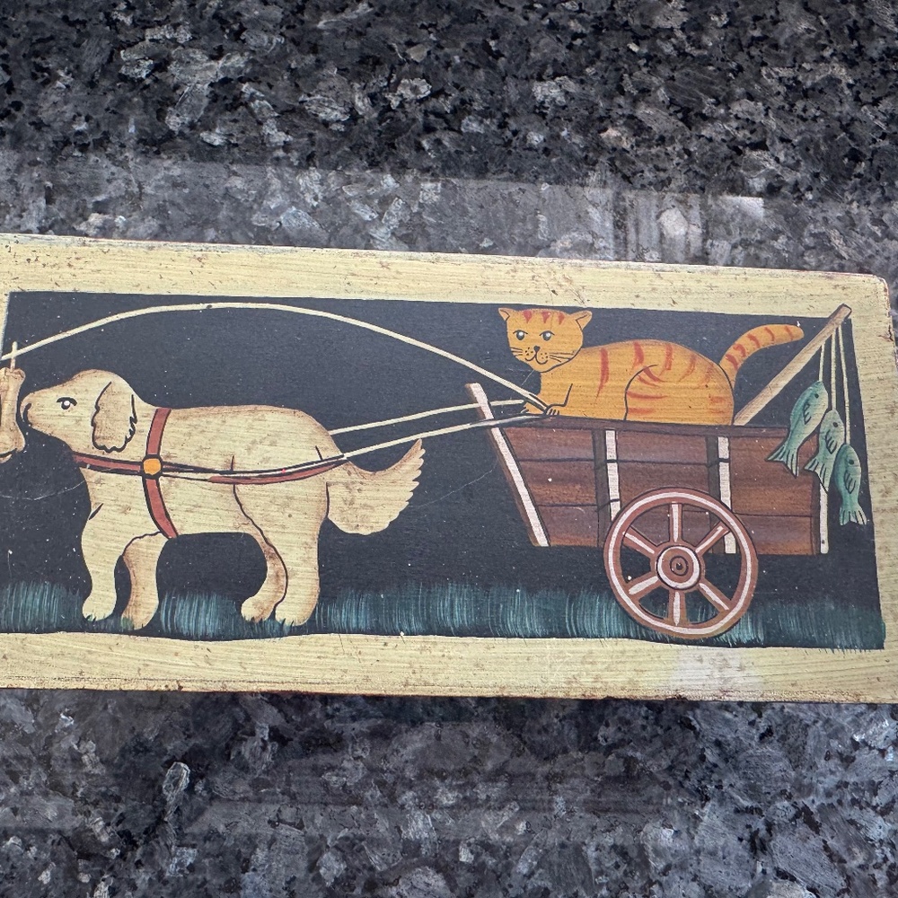 Wooden Storage Box Jewelry/Trinket Box Cat Driving Dog Cart Funky Folk Art